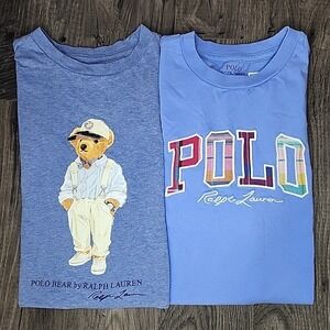 Lot of 2 Polo Ralph Lauren Polo Bear T-Shirt Graphic Tee Sz M 10/12 Blue Read